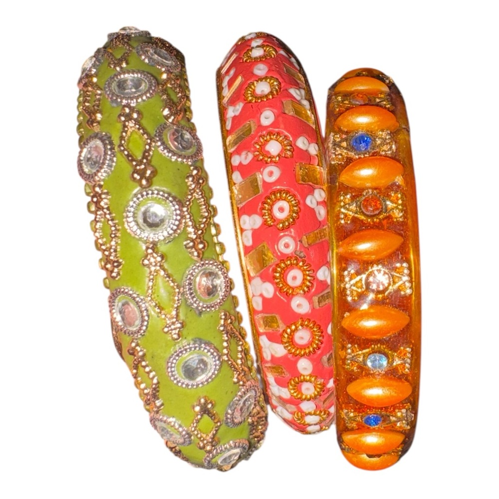 Vintage Jeweled Enamel Bangle Bracelet Trio – Amber, Coral, Green J40